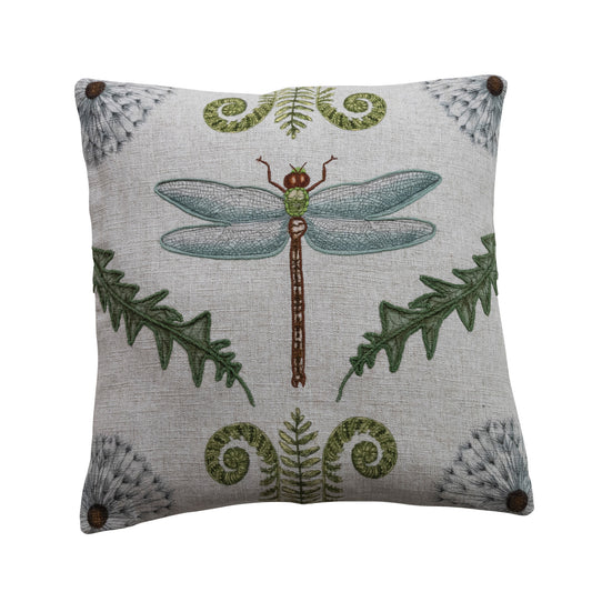 20" Square Linen Blend Pillow with Dragonfly, Botanicals & Embroidery Â©