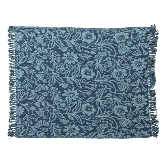 60"L x 50"W Woven Recycled Cotton Blend Jacquard Throw with Floral Pattern & Fringe
