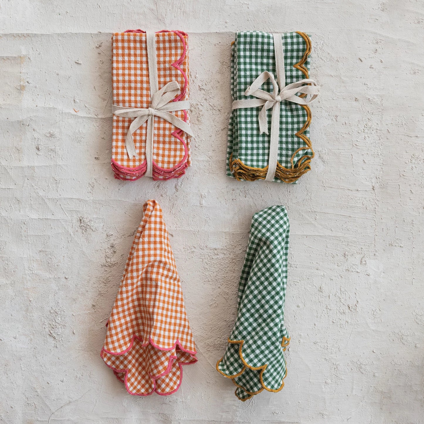 Cotton Scalloped Napkins with Contrasting Stitched Edges, Set of 4 Tied with Cotton Tape