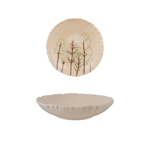 Hand-Painted Stoneware Organic Shaped Low Bowl with Botanicals (Each One Will Vary)