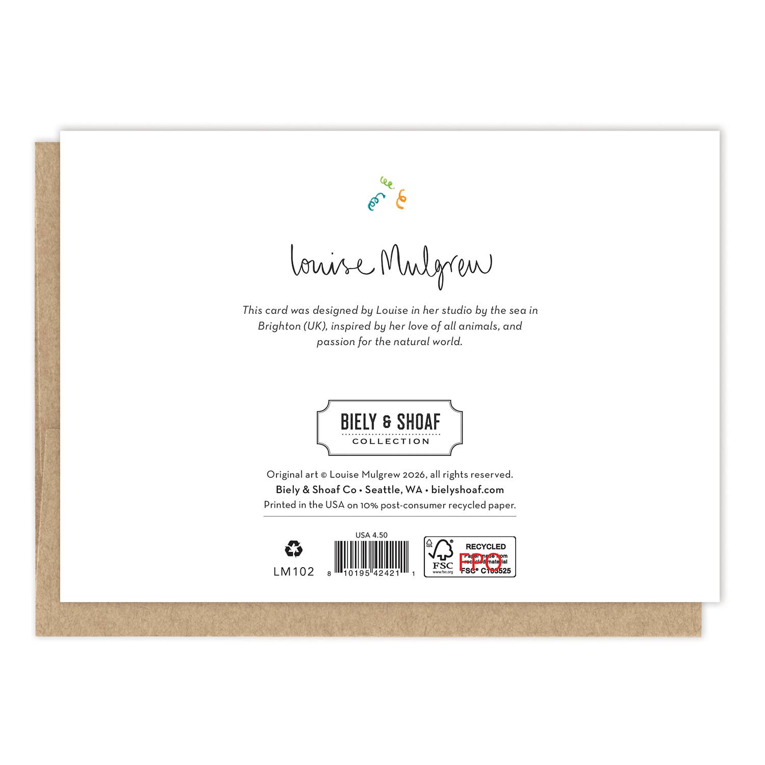 A square white paper card with printed text and a small colorful bird illustration, shown resting on top of a brown kraft envelope against a white background. The card reads 'BIELY & SHOAF COLLECTION'.