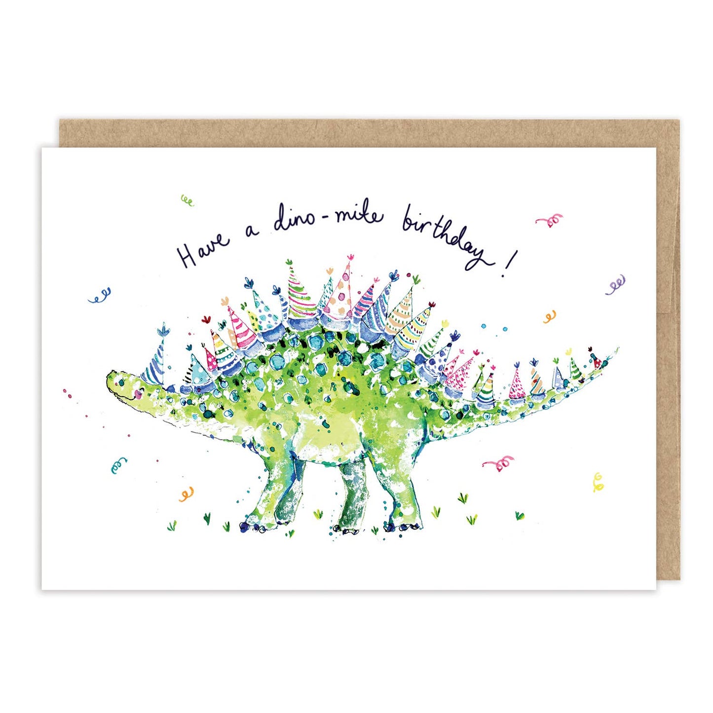 Dino-mite Dinosaur Birthday Card illustrated by Louise Mulgrew featuring a playful dinosaur design for a fun birthday celebration.