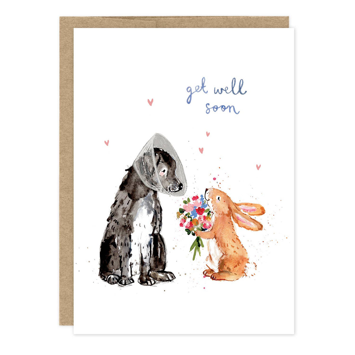 Dog and Bunny Get Well Card illustrated by Louise Mulgrew featuring a sweet dog and rabbit design for sending comforting get well wishes.
