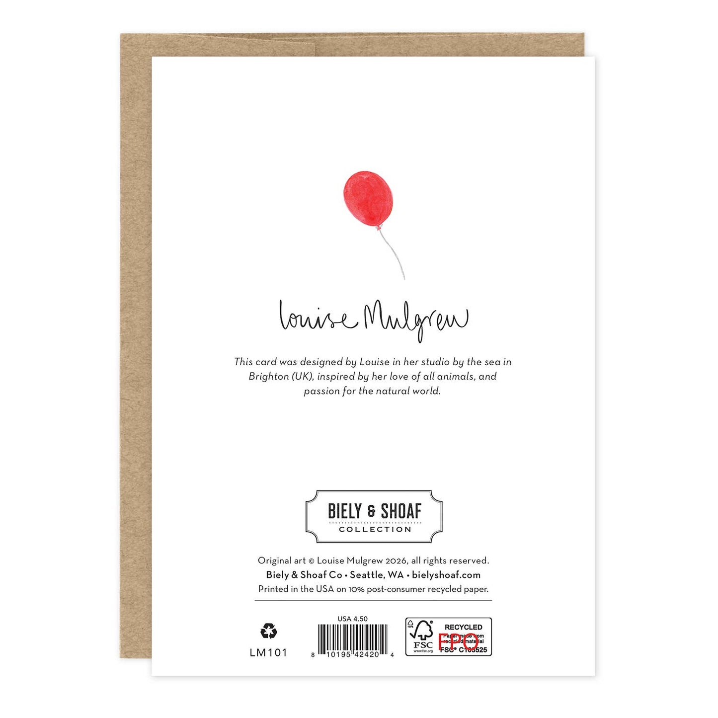 A white card with a red balloon illustration and black text, shown in front of a kraft brown envelope on a white background. The card includes the name Louise Malgrou, the BIELY & SHOAF COLLECTION branding.
