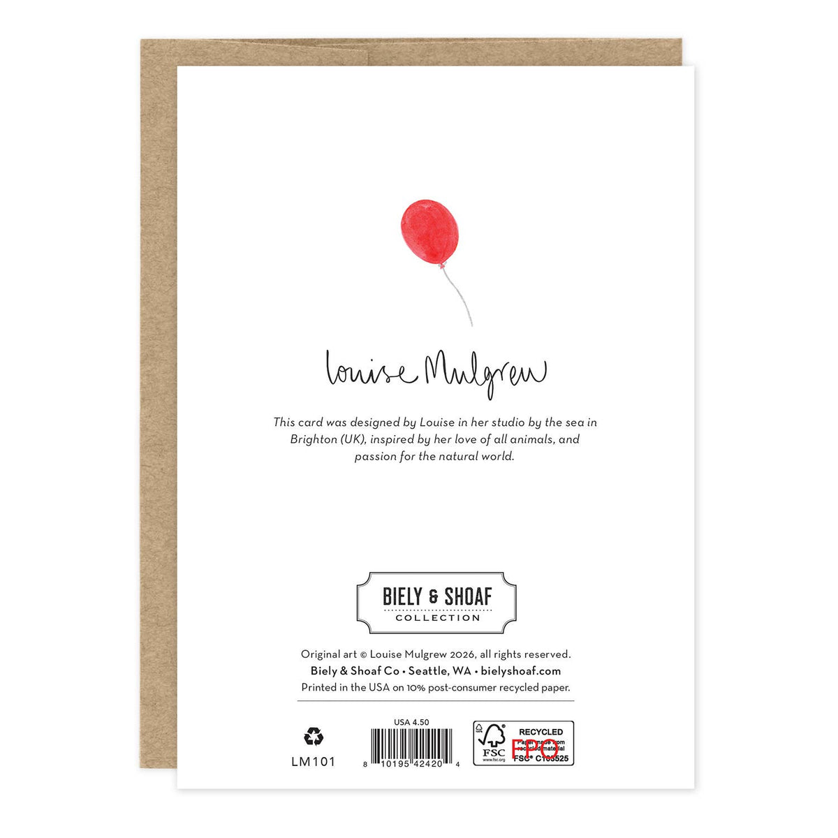 A white card with a red balloon illustration and black text, shown in front of a kraft brown envelope on a white background. The card includes the name Louise Malgrou, the BIELY & SHOAF COLLECTION branding.