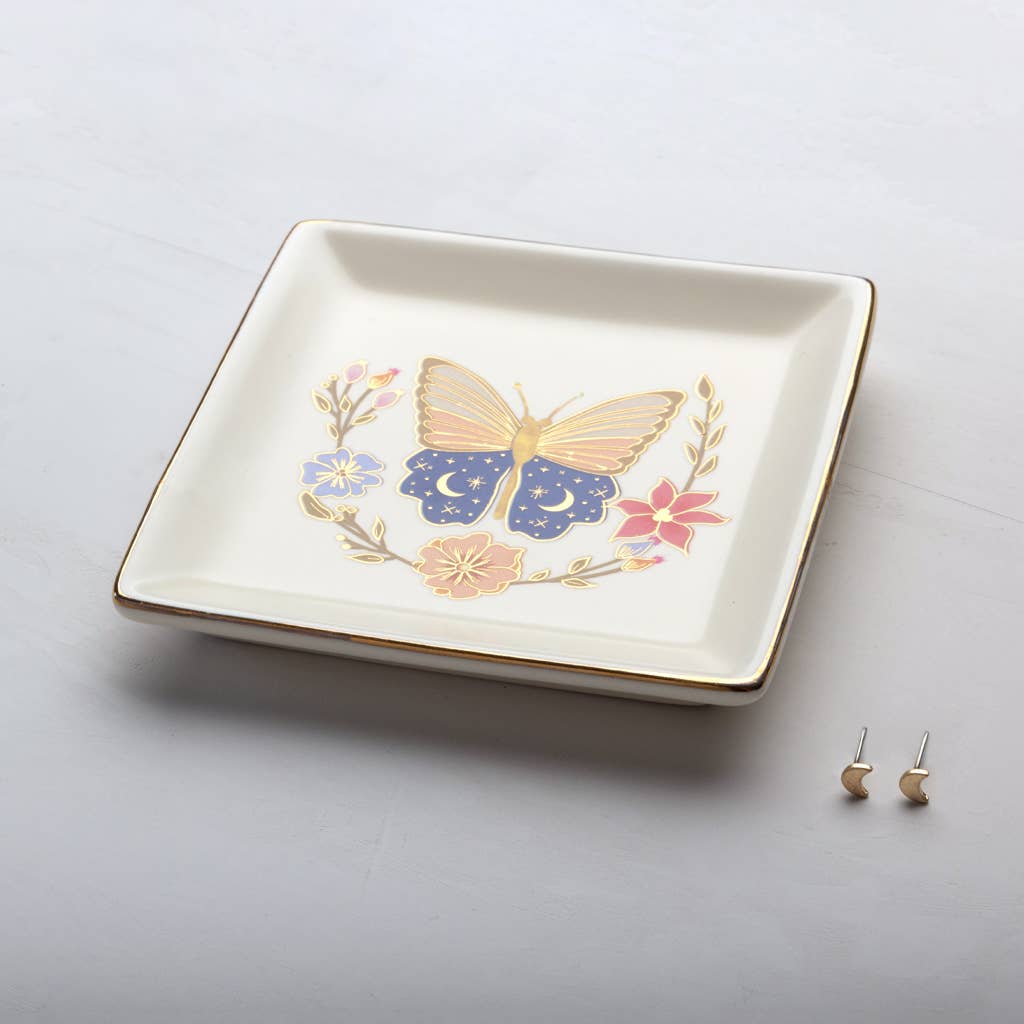 Jewelry Dish & Stud Earring Set - Butterfly/Cream
