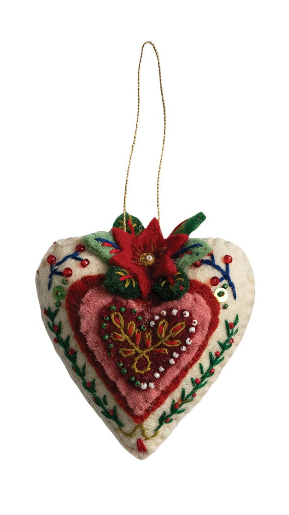 Handmade wool felt heart ornament with colorful floral-style embroidery and beaded details.