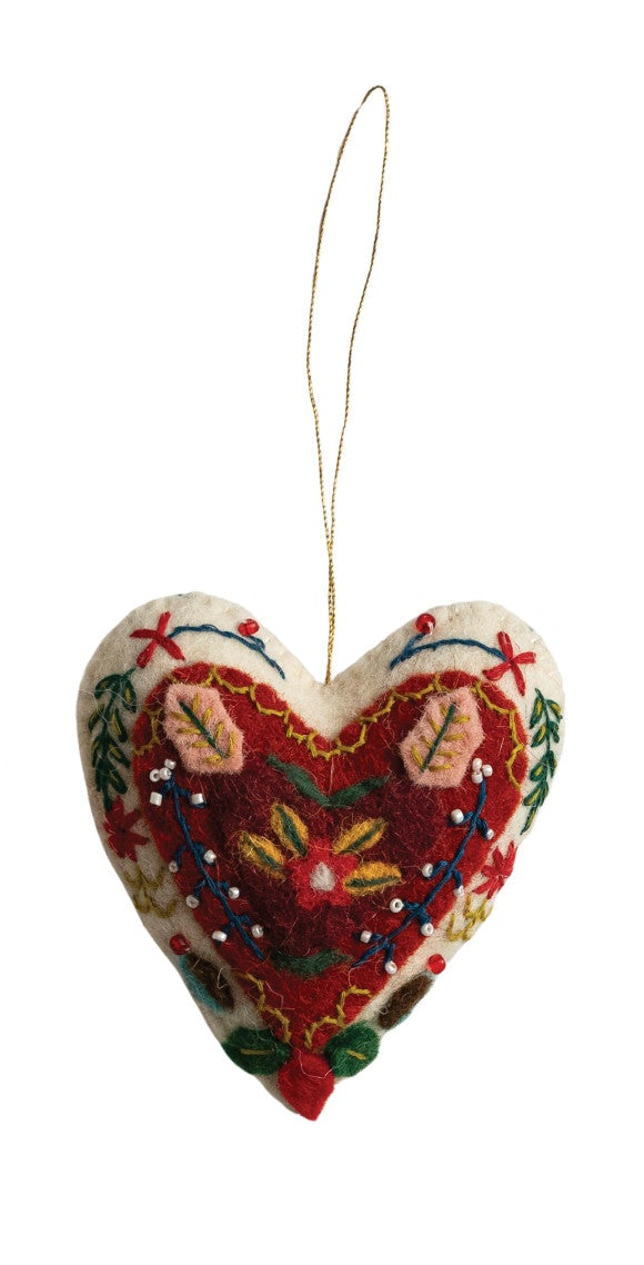 Handmade wool felt heart ornament with colorful embroidery, decorative beadwork, and hanging loop.