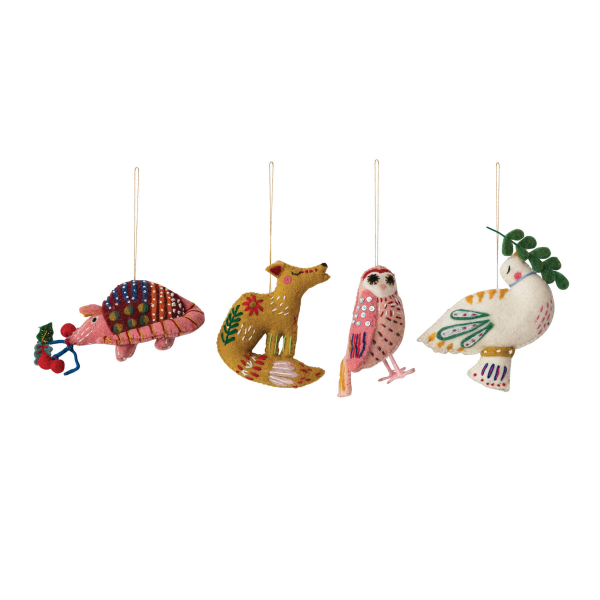 Four embroidered wool felt animal Christmas ornaments featuring an armadillo, fox, owl, and dove with colorful beadwork.