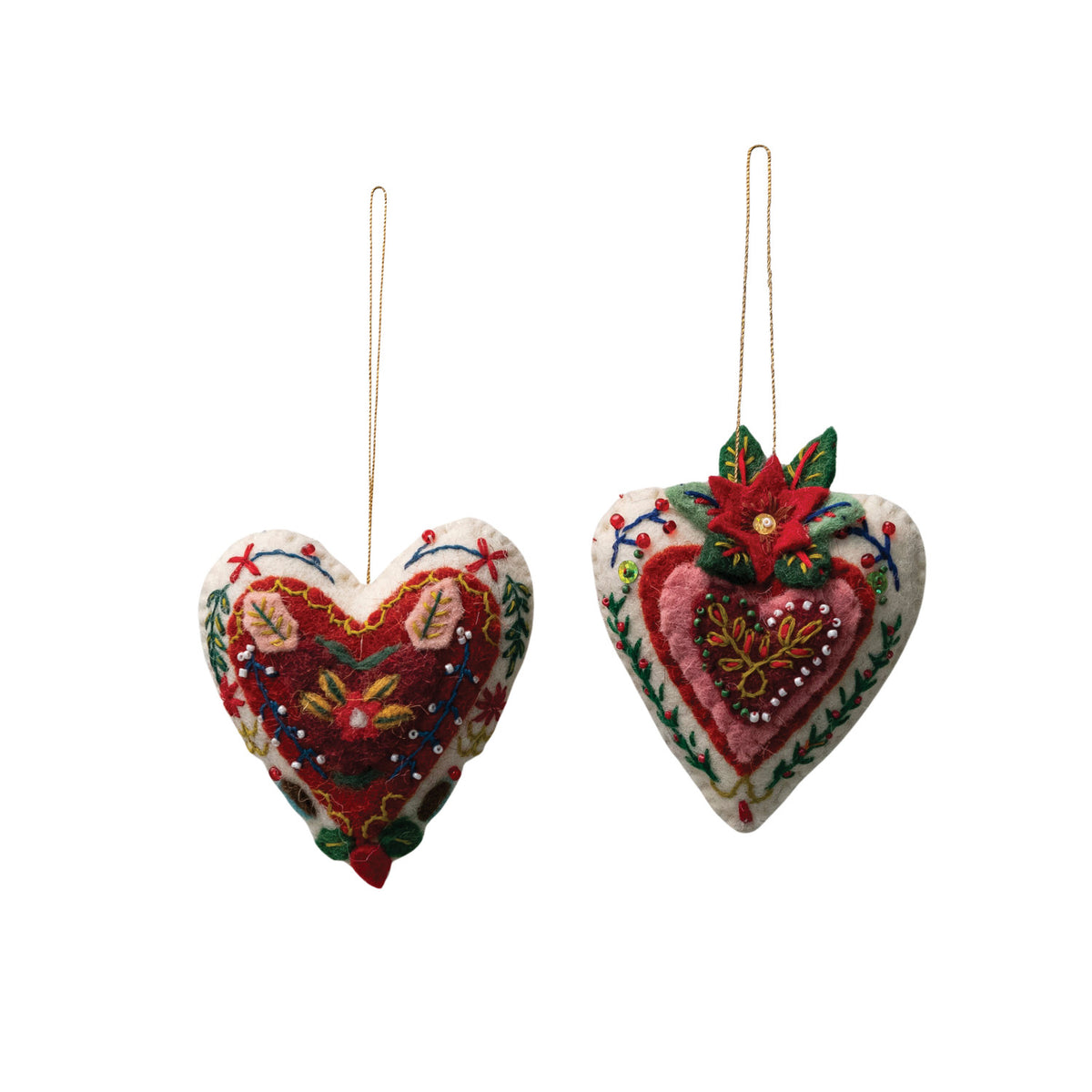 Two handmade wool felt heart ornaments with colorful embroidery, beaded embellishments, and hanging loops.