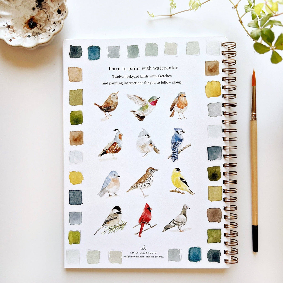 Emily Lex Studio Birds Watercolor Workbook back cover on white background with a paintbrush