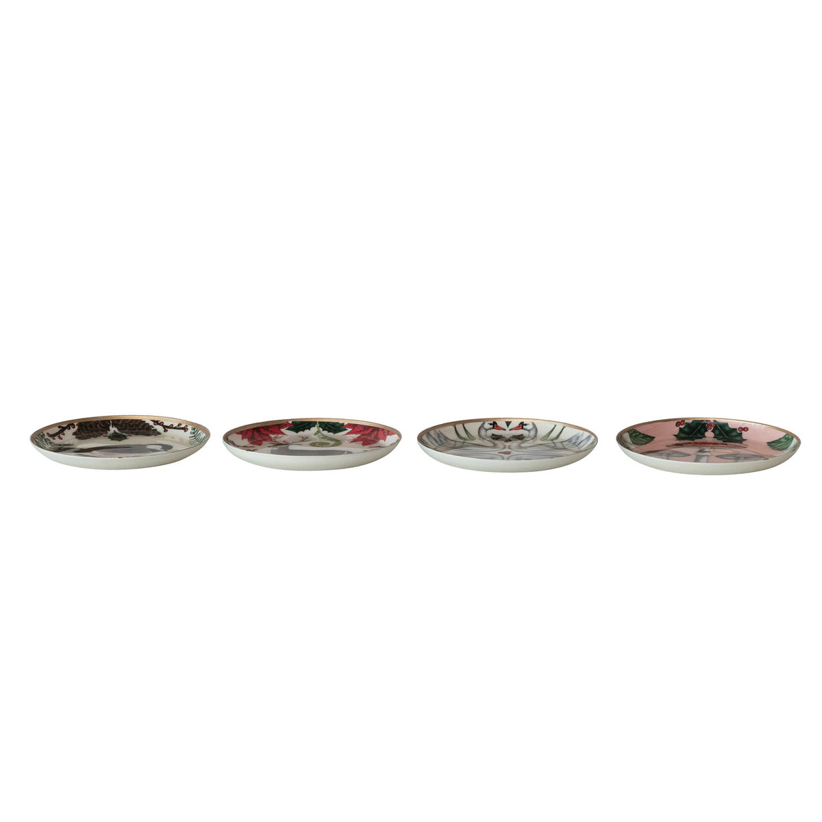 Four round enameled metal botanical trinket dishes with Bird, Deer, Mushroom, and Swan illustrations.