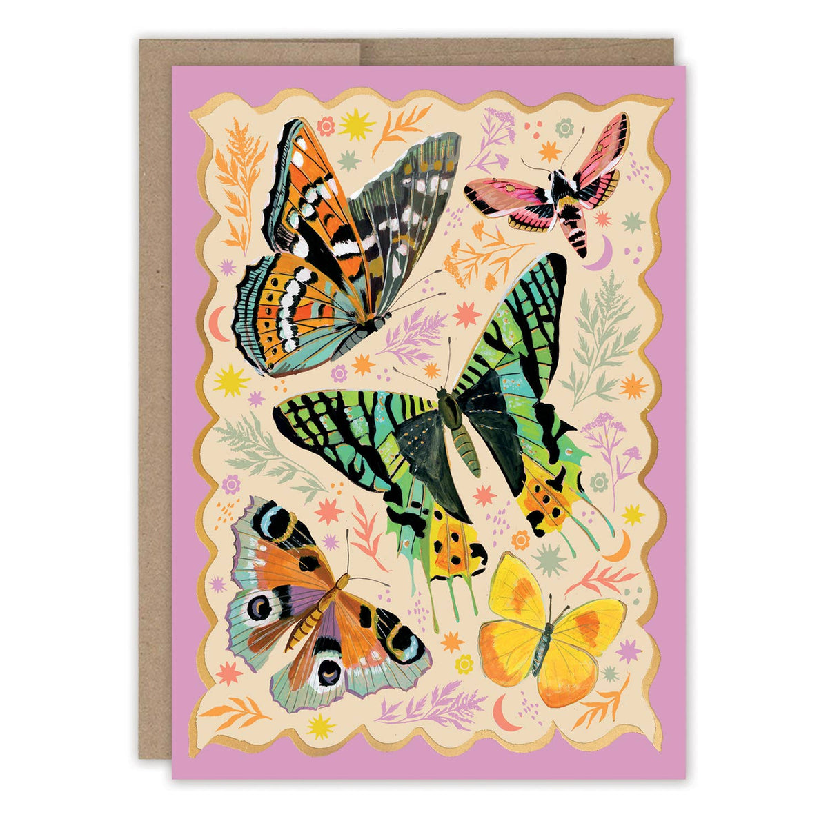 Greeting card with colorful butterfly illustrations on a pink background
