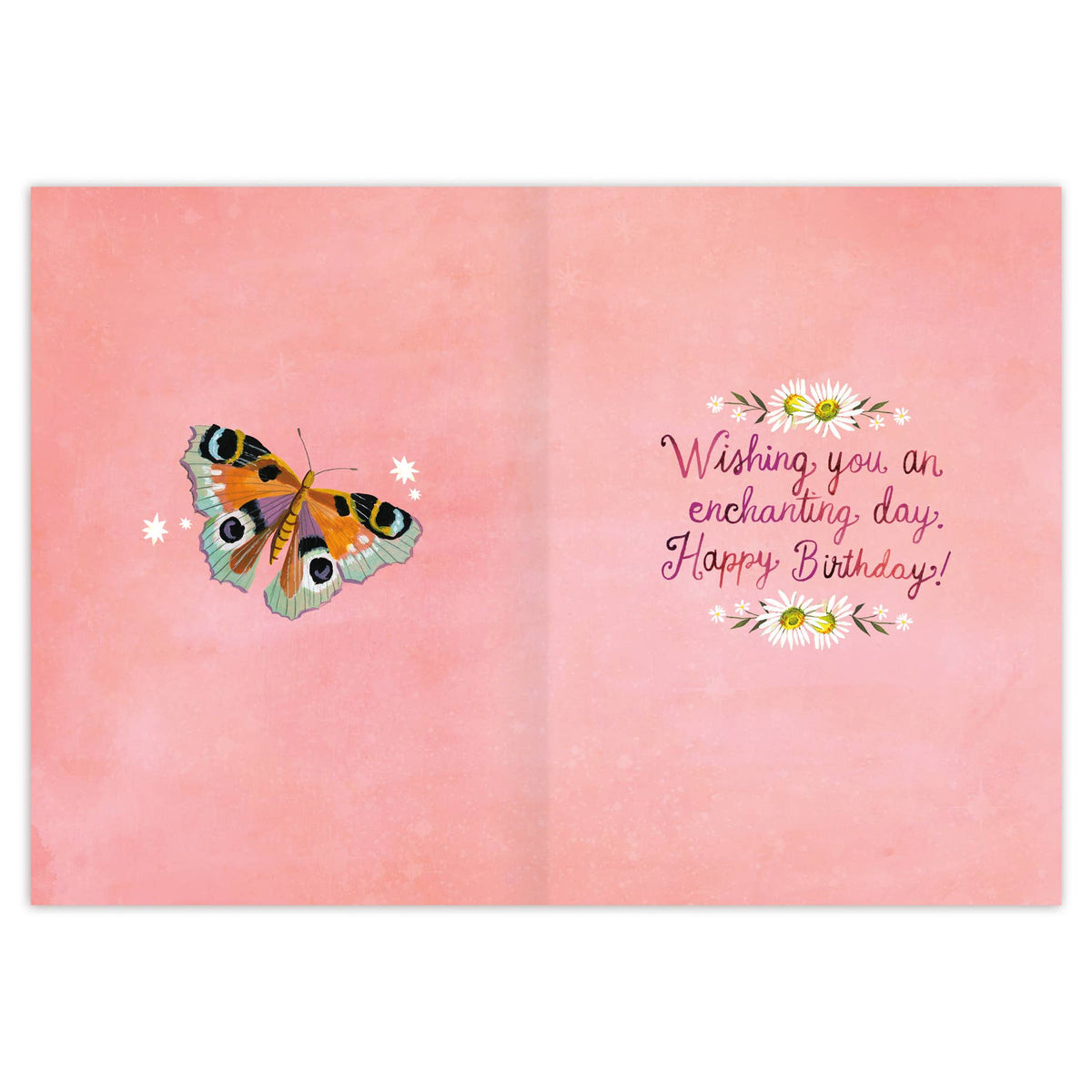 Pink birthday card with a butterfly illustration and floral text on a white background