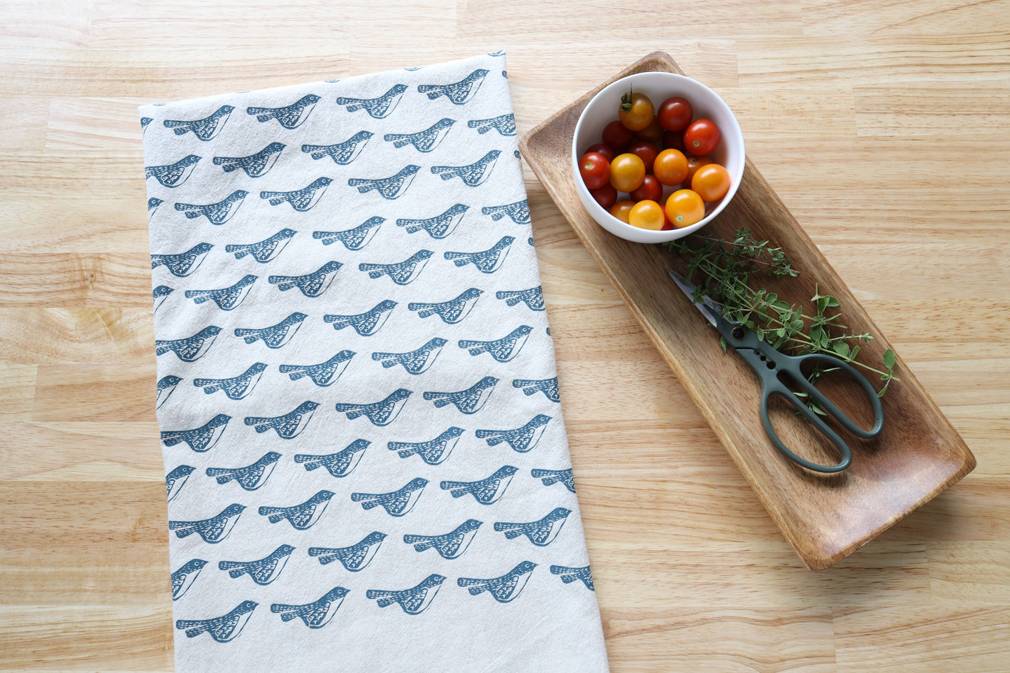 Bird Kitchen Towel, Handprinted Bird Tea Towel