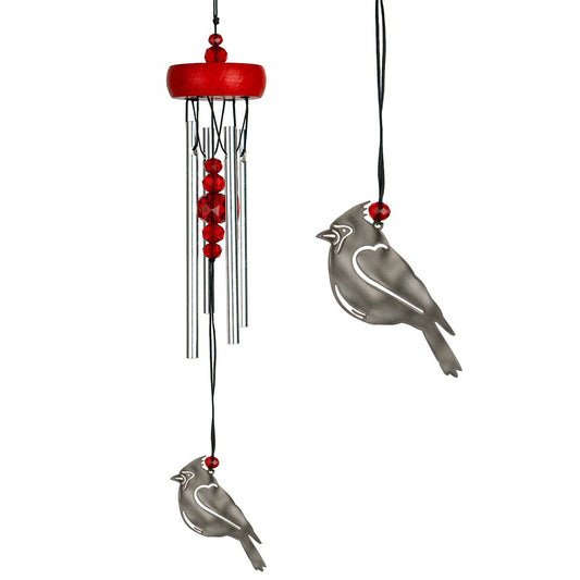 Woodstock Fantasy Chime with silver cardinal windcatcher and red faceted crystal accents.