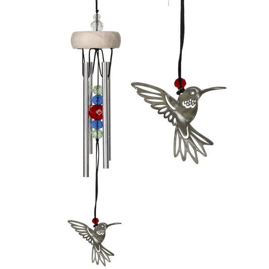 Woodstock Fantasy Chime with silver hummingbird windcatcher and multi-colored crystal accents.