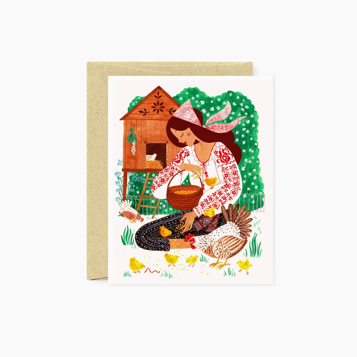 Greeting card with illustration of a woman tending to chickens and a chicken coop.
