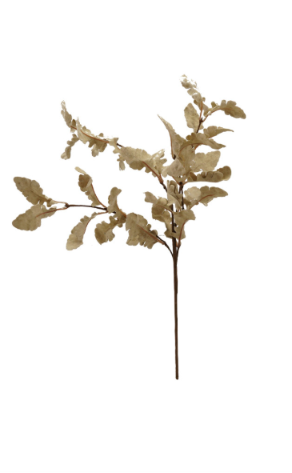 An artificial oak leaf branch with cream and light brown leaves on a thin brown stem.