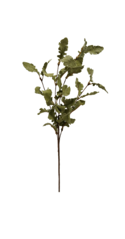 A single artificial oak leaf branch with small oval leaves on a thin brown stem, isolated on a plain white background.