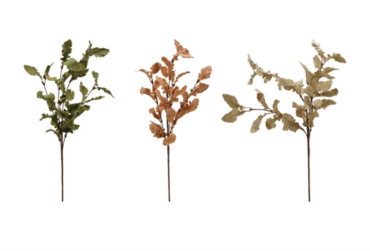 Realistic faux oak leaf stem with lifelike autumn leaves in green, orange, and cream, perfect for fall floral arrangements, farmhouse décor, and seasonal centerpieces.