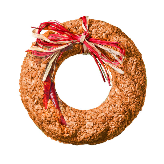 Round birdseed wreath made from sunflower hearts, peanuts, safflower, and mealworms with a spicy hot pepper formula to deter squirrels.
