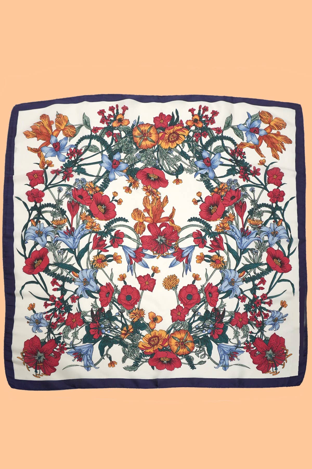 Floral patterned square scarf on a peach background