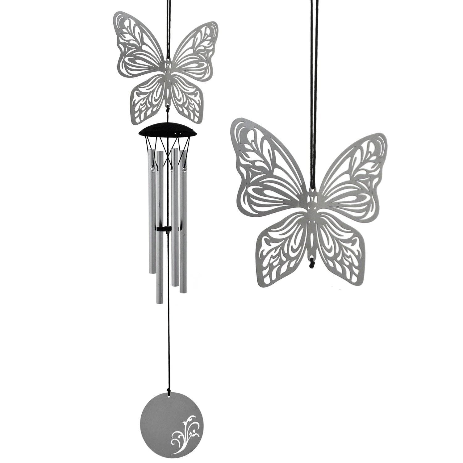 Woodstock Flourish wind chime with filigree butterfly design and silver tubes.