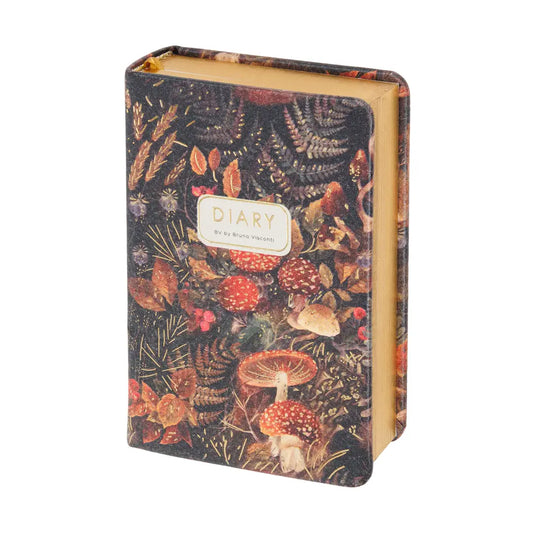 Forest Mushrooms Pocket Planner with vegan leather cover in compact A7 size, a portable planner for organizing schedules, notes, and goals.
