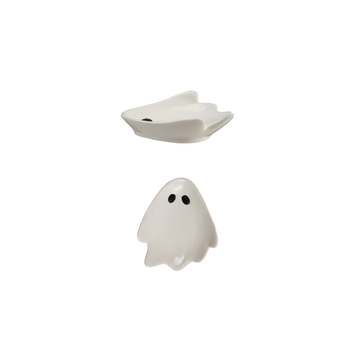 Handcrafted white stoneware ghost spoon rest and trinket dish with a glossy finish. Perfect for Halloween decorating, jewelry, tea bags, candy, and kitchen use.