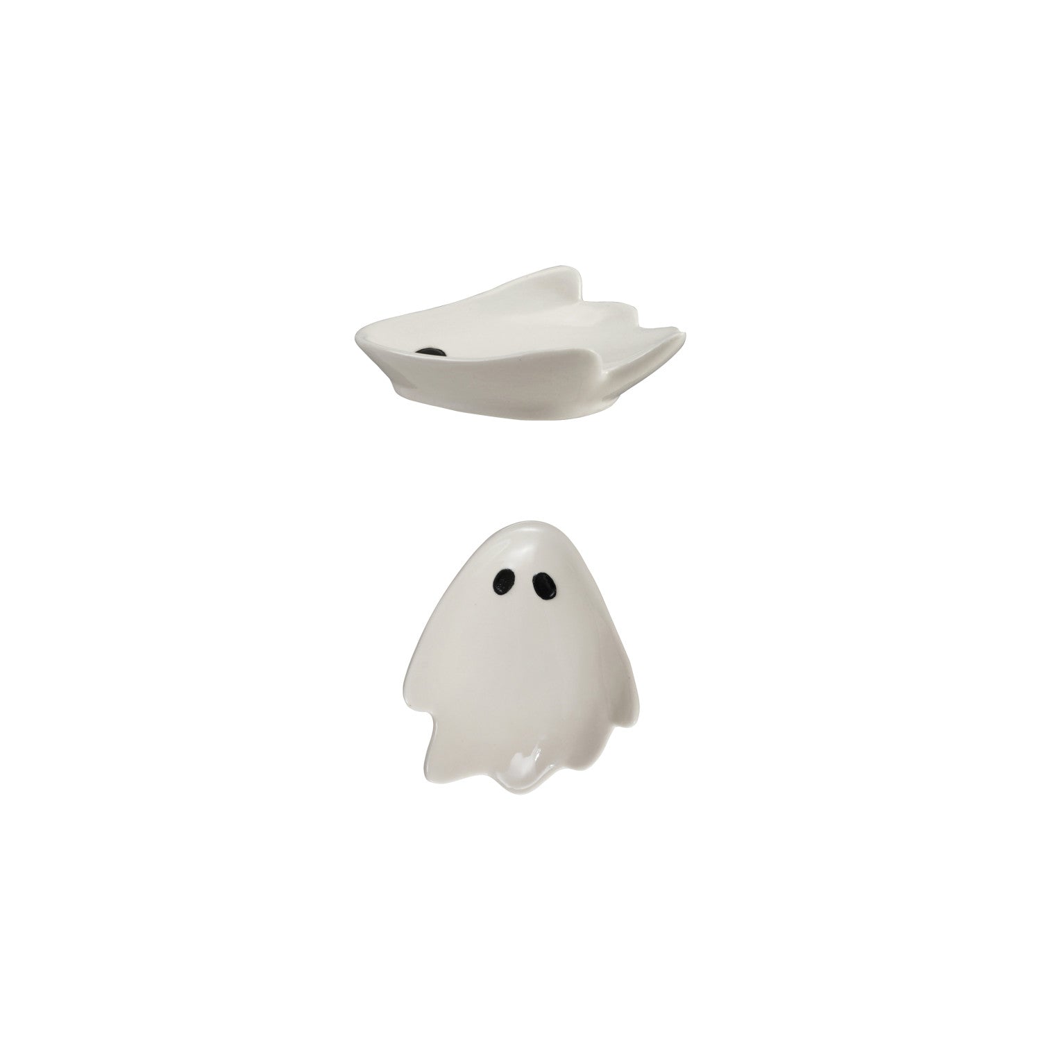 Handcrafted white stoneware ghost spoon rest and trinket dish with a glossy finish. Perfect for Halloween decorating, jewelry, tea bags, candy, and kitchen use.