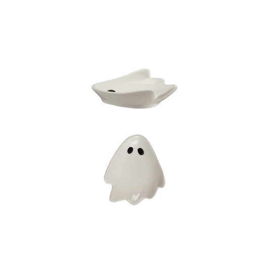 Handcrafted white stoneware ghost spoon rest and trinket dish with a glossy finish. Perfect for Halloween decorating, jewelry, tea bags, candy, and kitchen use.