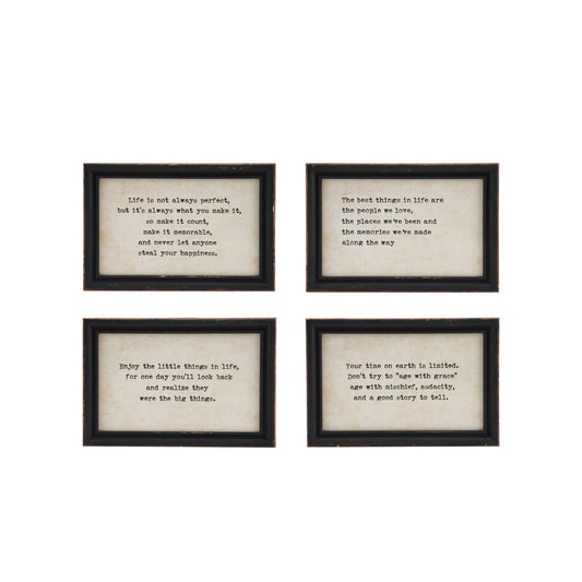 Gathered Words Wood Framed Wall Art Set featuring four black and white inspirational signs with rustic wood frames for farmhouse, cottage, and modern home décor.