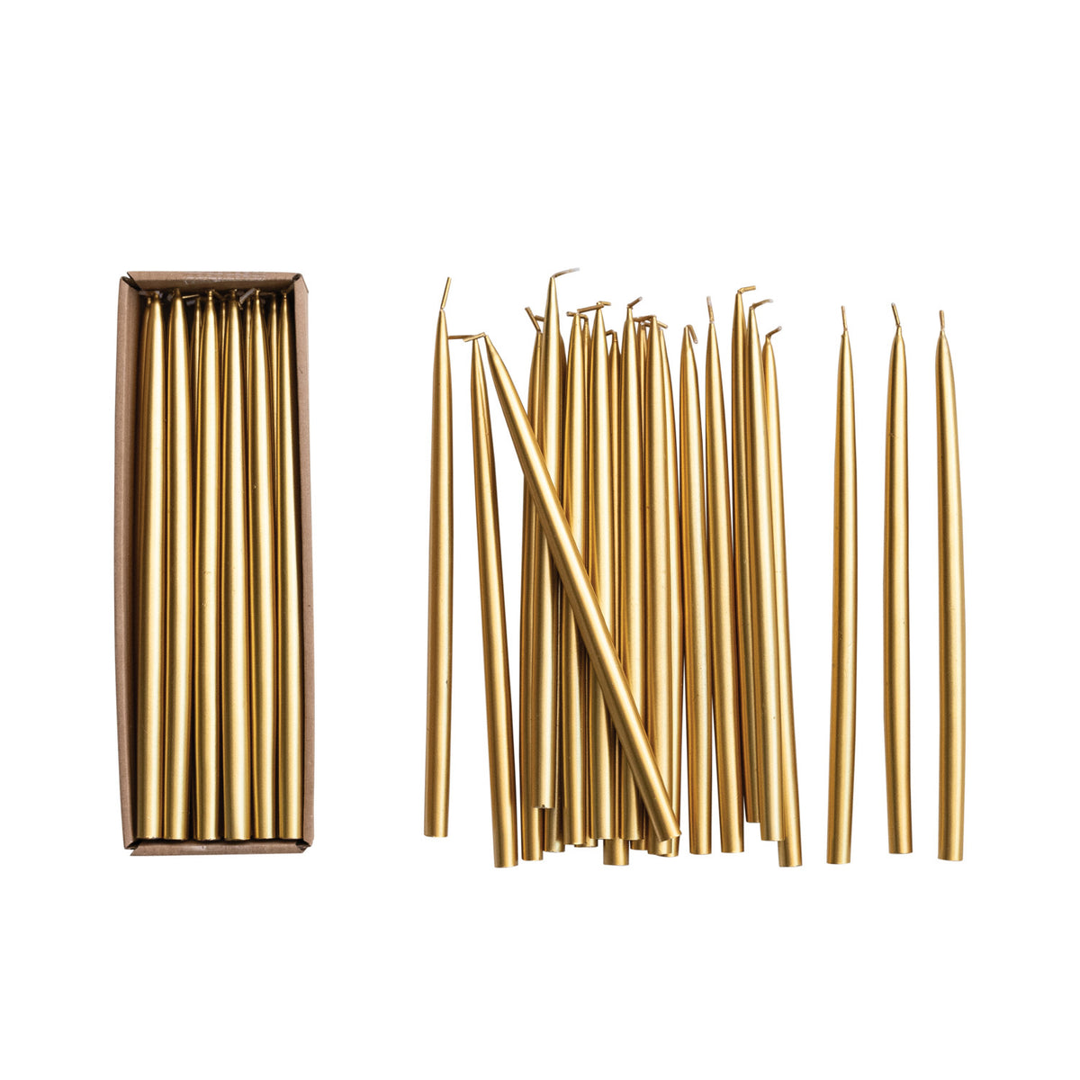 Add elegant candlelight to your holiday décor with this set of 24 gold thin taper candles. Unscented with a 3-hour burn time, they're perfect for Christmas tablescapes and festive entertaining.