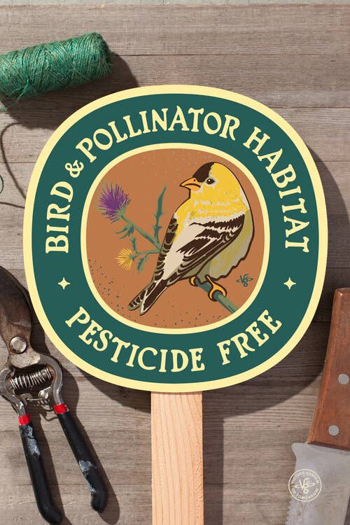Round metal garden sign with a goldfinch on a thistle, featuring a “no pesticides” message — durable and weatherproof for pollinator-friendly yards.