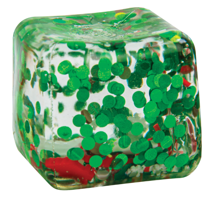 Green Christmas Qube Stress Toy filled with festive green holiday confetti, a squishy sensory fidget toy perfect for stocking stuffers and Christmas gifts.