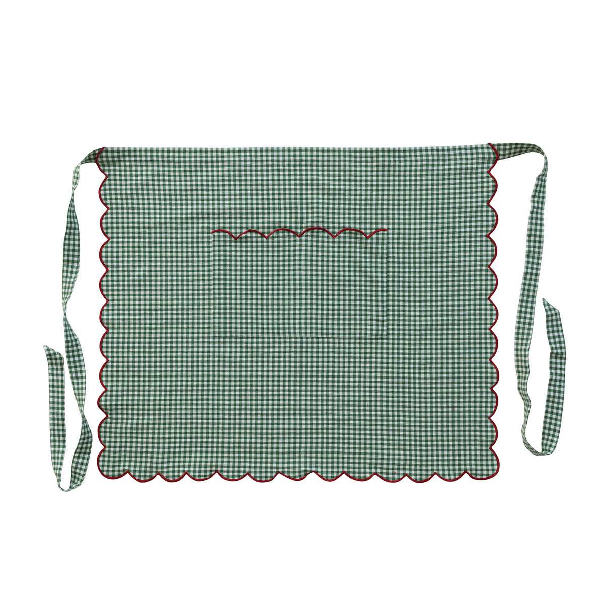 Green and white gingham cotton half apron with front pocket, waist ties, and contrasting red scalloped edge.