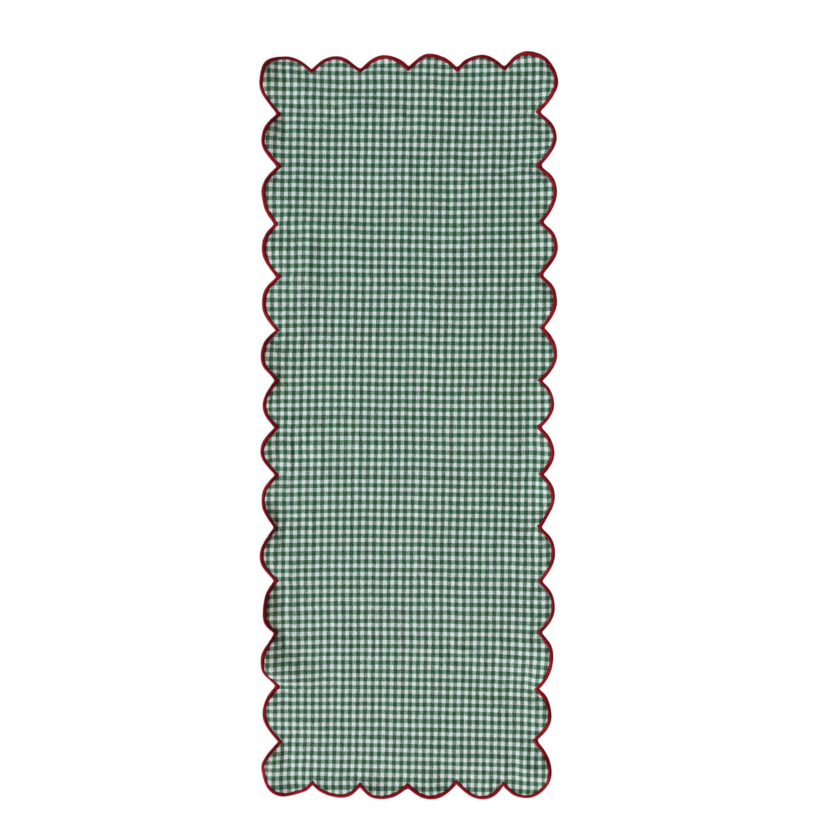 Reversible cotton table runner showing green gingham pattern and decorative scalloped border\, open view.