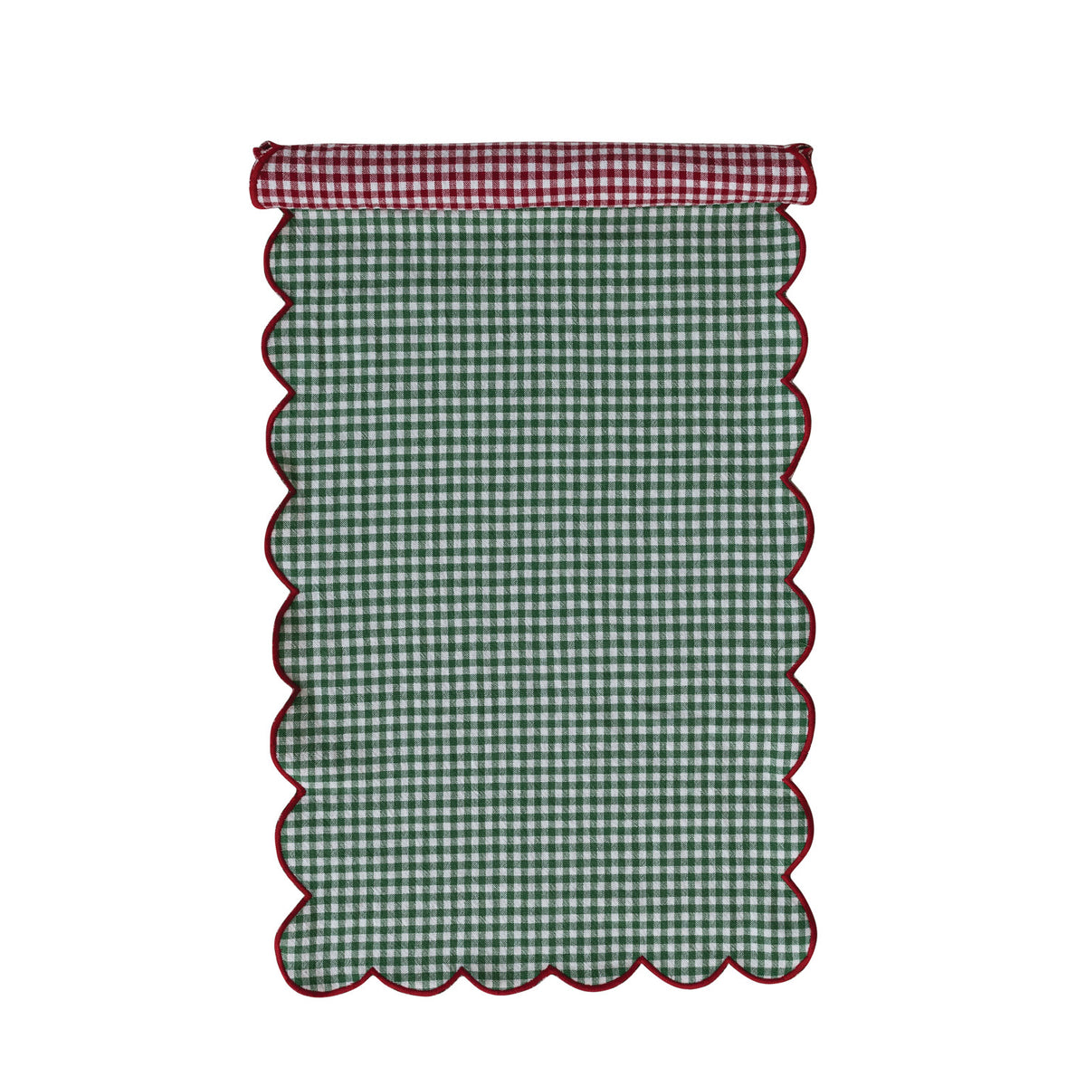 Green and white gingham woven cotton table runner with contrasting red scalloped stitched edge.