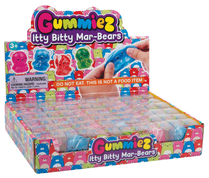 Gummiez Itty Bitty Mar-Bears colorful squishy sensory toys shaped like gummy bears, perfect for stretching, squeezing, and fidget play for kids.