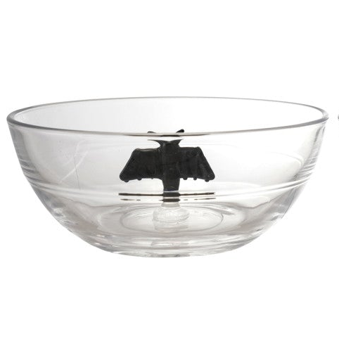 A clear glass bowl featuring a black bat silhouette printed in the center, set against a plain white background.