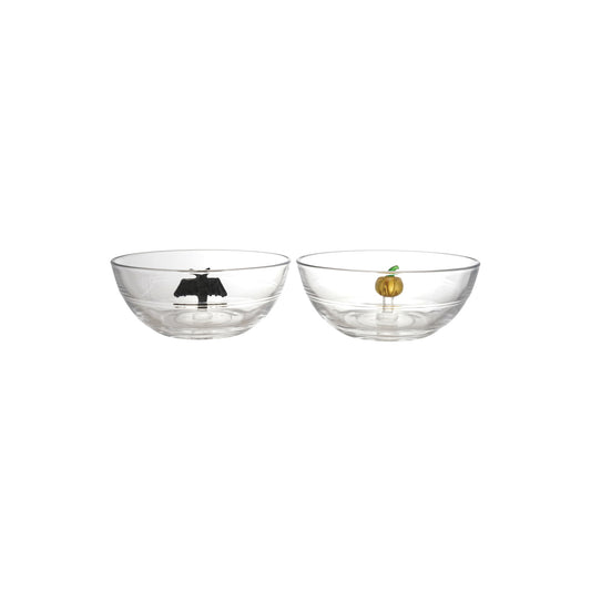 Celebrate the season with Halloween glass dessert bowls featuring whimsical bat and pumpkin accents. Perfect for ice cream, candy, snacks, and festive entertaining.