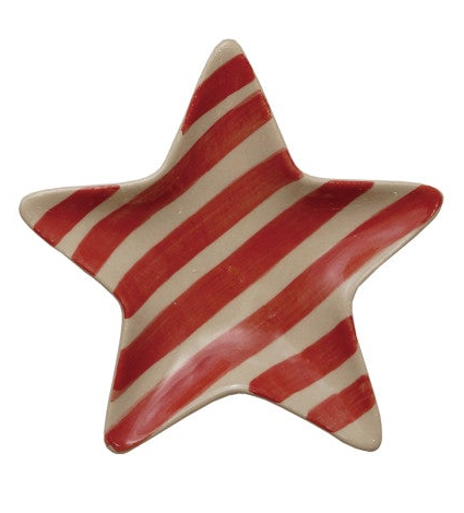 A five-pointed star-shaped trinket dish with diagonal red and cream stripes.