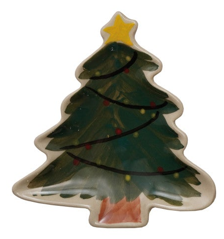 A ceramic Christmas tree shaped trinket dish with a dark green painted tree, yellow star topper, red and yellow ornaments.