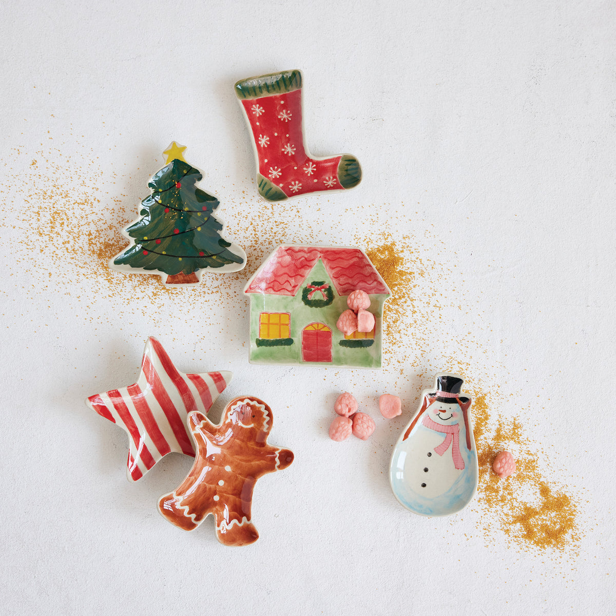 Collection of Christmas-themed trinket dishes.