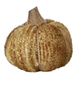 A decorative faux pumpkin with a textured, ribbed surface in natural tan and brown tones, isolated on a white background.