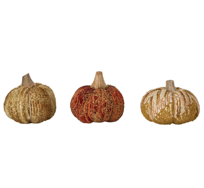 Handmade chenille and cotton decorative pumpkin with a natural mango wood stem in warm harvest colors for farmhouse, cottage, and autumn home décor.