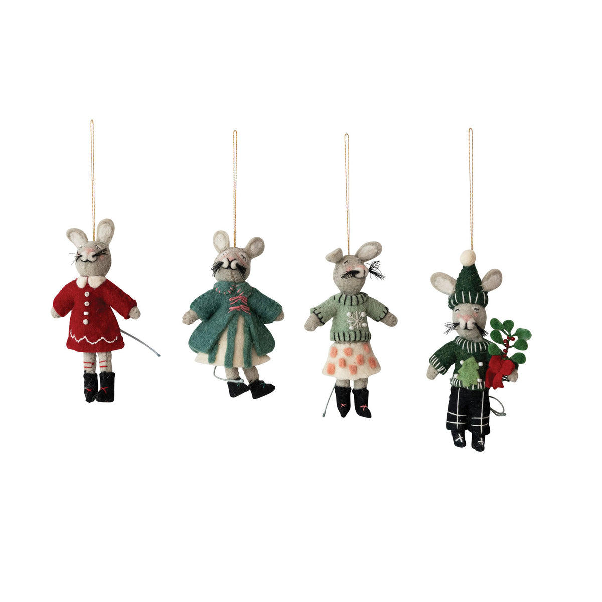 Wool felt Christmas mouse ornaments dressed in colorful winter coats, sweaters, hats, and scarves with embroidered and beaded details.