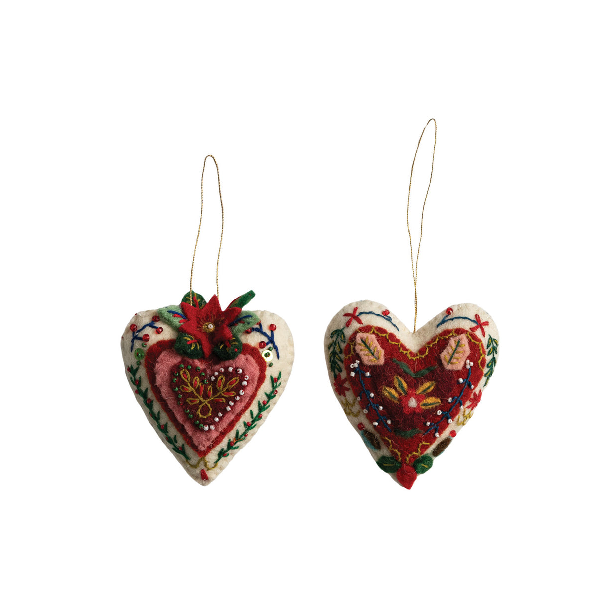 Two handmade wool felt heart ornaments with colorful embroidery, beaded embellishments.