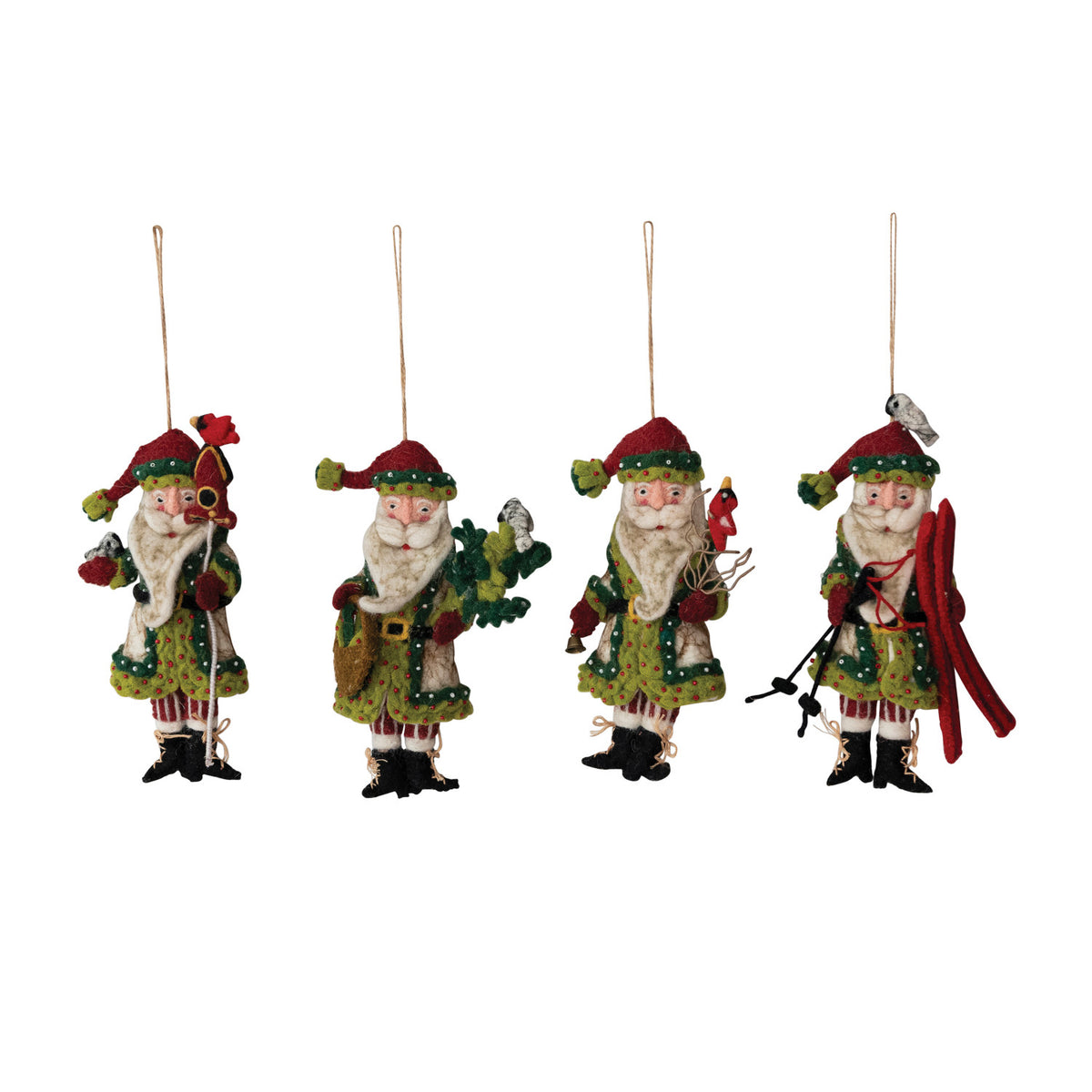 Four handmade wool felt Santa Christmas ornaments in Birdhouse, Cardinal, Fish, and Skis designs.